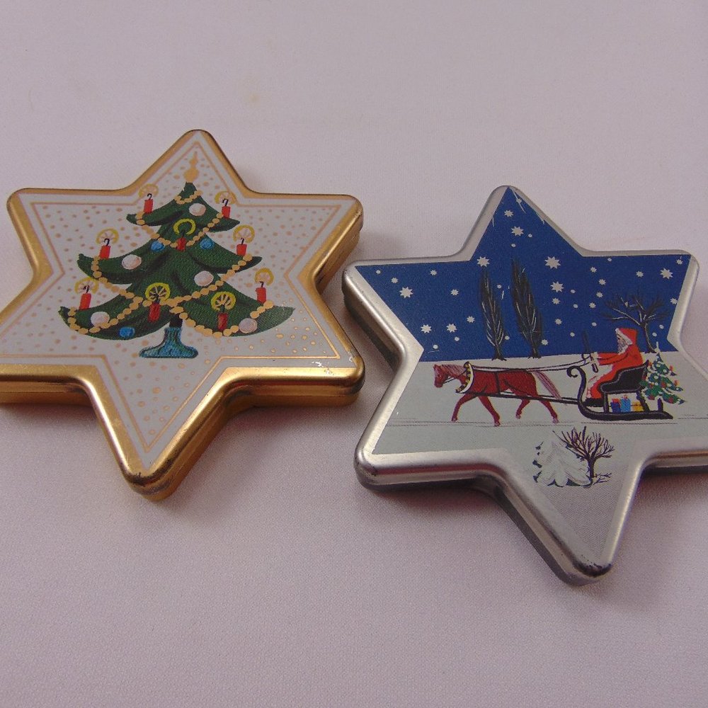 Swiss Miniature Star Tins - Christmas Holiday Tree & Santa on Sled
